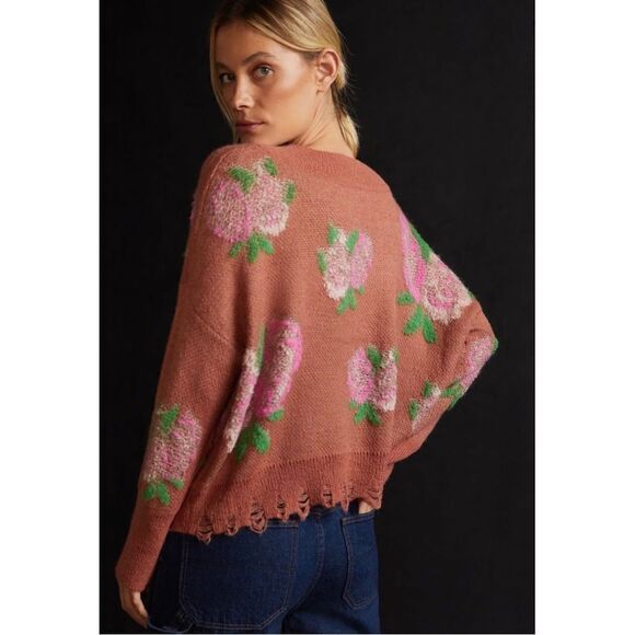 NEW Anthropologie Drop Shoulder V-Neck Pink Rose Floral Oversized Sweater Small - Picture 4 of 5